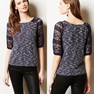 Anthropologie Postmark Patel Tweed Lace Sleeve Shirt Navy Women Medium